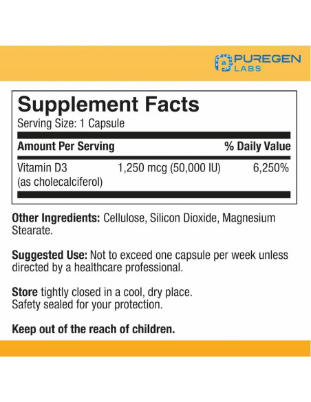 Vitamina D3 50,000 UI Puregen Labs 100 Cápsulas Vegetales