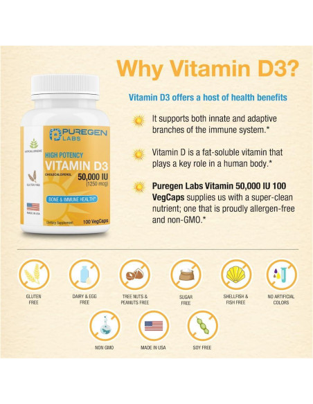 Vitamina D3 50,000 UI Puregen Labs 100 Cápsulas Vegetales