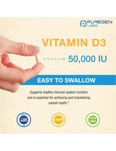 Vitamina D3 50,000 UI Puregen Labs 100 Cápsulas Vegetales
