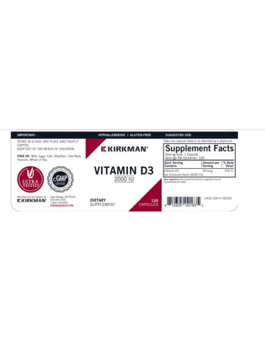 Cápsulas de Vitamina D3 2000 UI Kirkman - 120 Unidades