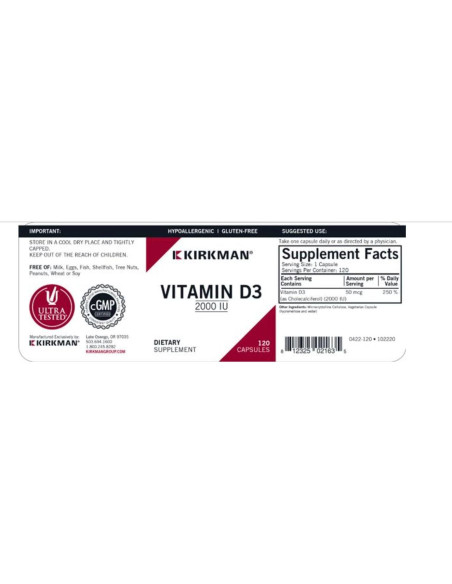 Cápsulas de Vitamina D3 2000 UI Kirkman - 120 Unidades
