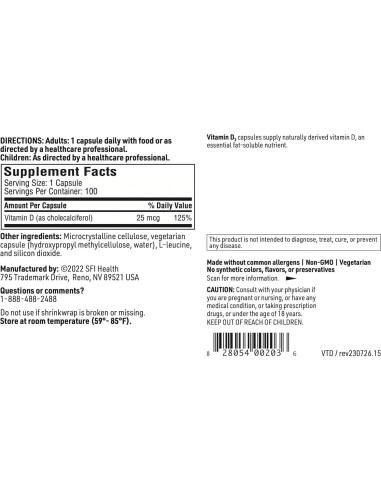 Vitamina D3 1000 UI Klaire Labs - 100 Cápsulas Hipoalergénicas