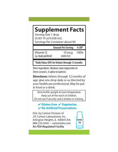 Gotas de Vitamina D3 Vegetal Carlson para Bebés 90 gotas