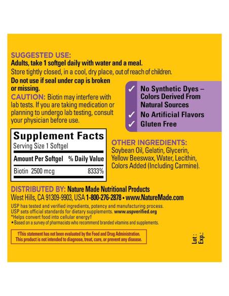 Suplemento de Biotina Nature Made 2500 mcg 150 Softgels