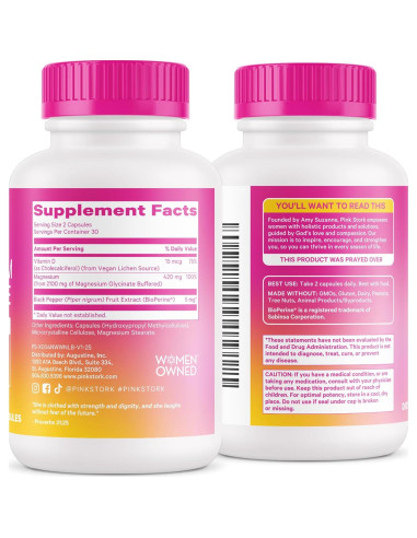 Suplemento de Magnesio Glycinate Pink Stork 60 Cápsulas con Vitamina D