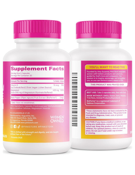 Suplemento de Magnesio Glycinate Pink Stork 60 Cápsulas con Vitamina D