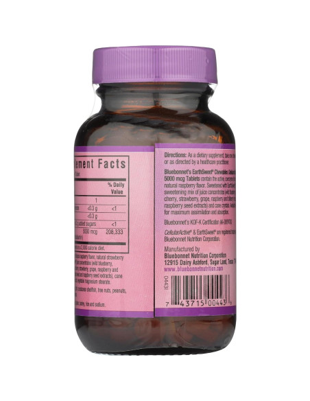 Tabletas Masticables Bluebonnet B12 Methylcobalamin 5000 mcg Frambuesa