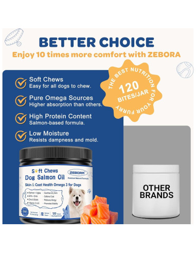 ZEBORA Suplemento de Aceite de Salmón para Perros 120 Masticables