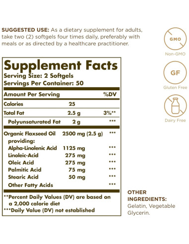 Aceite de Semilla de Lino Solgar 1250 mg - 100 Cápsulas Blandas