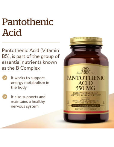 Solgar Ácido Pantoténico 550 mg Cápsulas Vegetales 100 Contenido