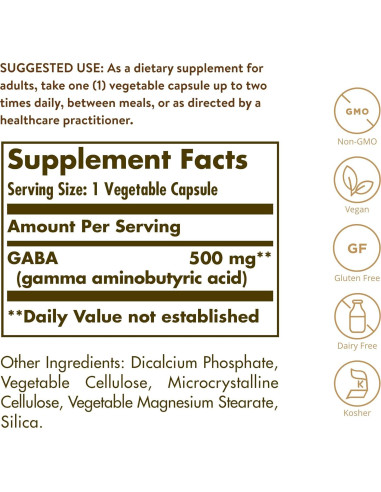 Solgar GABA 500 mg - 100 Cápsulas Vegetales - Relajación