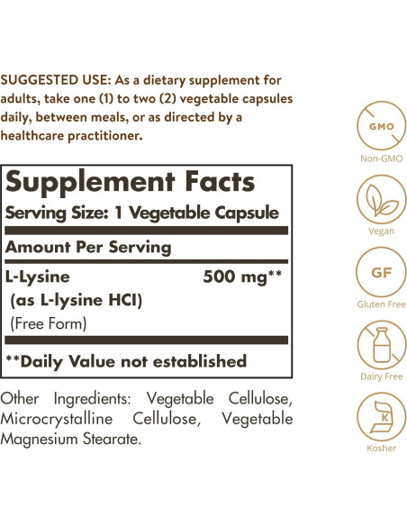 Solgar L-Lisina 500 mg 250 Cápsulas Vegetales - Soporte Colágeno