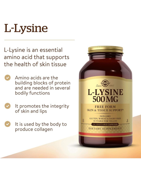 Solgar L-Lisina 500 mg 250 Cápsulas Vegetales - Soporte Colágeno