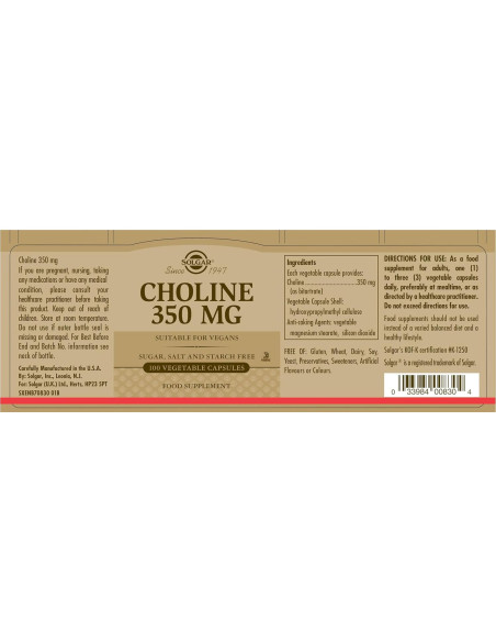 Suplemento de Colina Solgar 350 mg - 100 Cápsulas Veganas