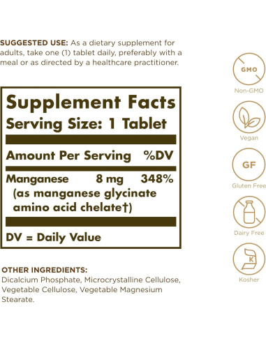 Solgar Manganeso Quelado 100 Tabletas - Salud Ósea y Articular