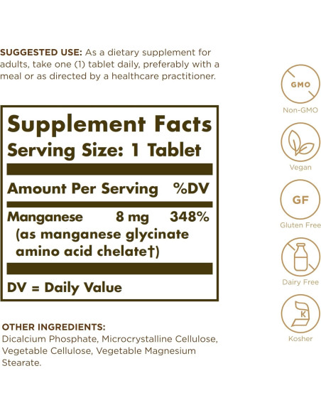 Solgar Manganeso Quelado 100 Tabletas - Salud Ósea y Articular