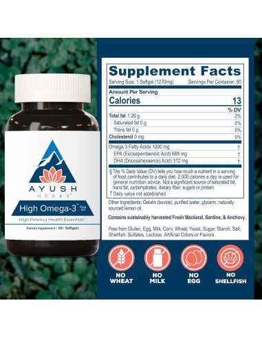 Ayush Herbs Omega 3 - Aceite de Pescado 1000mg 60 Cápsulas