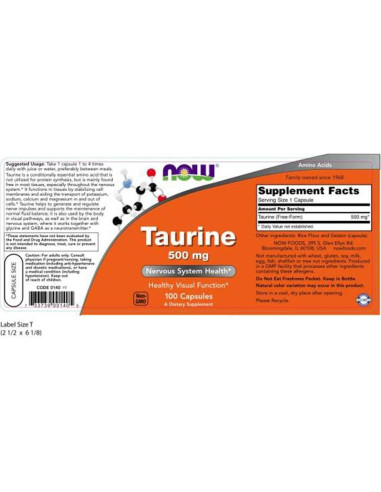 NOW Taurina 500mg 100 Cápsulas x3 - Suplemento Alimenticio