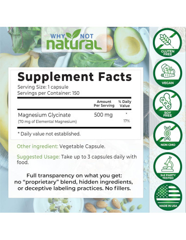 Cápsulas de Glicinato de Magnesio 500 mg Why Not Natural - Vegano