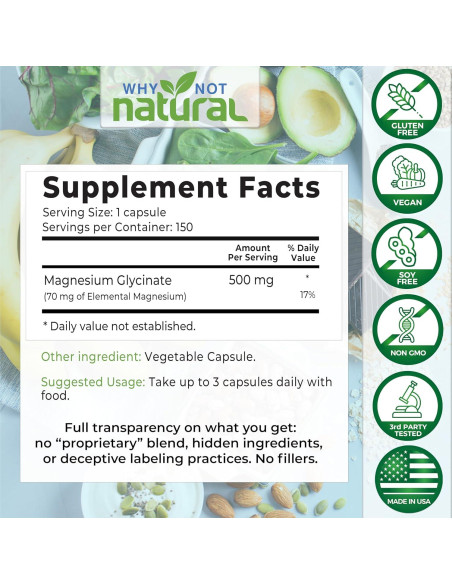 Cápsulas de Glicinato de Magnesio 500 mg Why Not Natural - Vegano