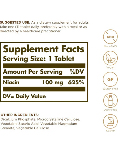 Solgar Niacina 100 mg - 100 Tabletas - Suplemento Vegano