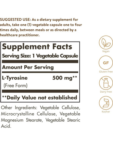 Solgar L-Tirosina 500 mg 100 Cápsulas Veganas - Soporte Cerebral