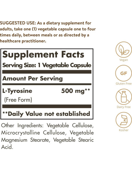 Solgar L-Tirosina 500 mg 100 Cápsulas Veganas - Soporte Cerebral