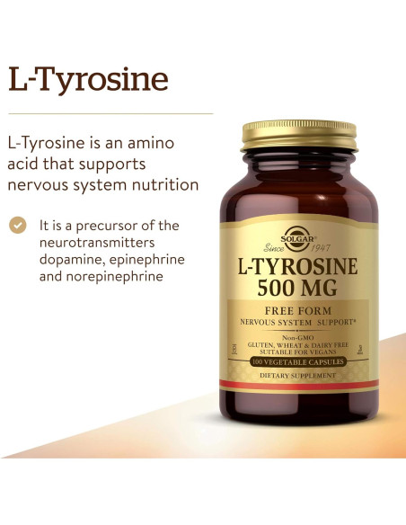 Solgar L-Tirosina 500 mg 100 Cápsulas Veganas - Soporte Cerebral
