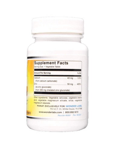 Gluconato de Zinc Quelado 50 mg Wonder Laboratories - 100 Tabletas Vegetarianas