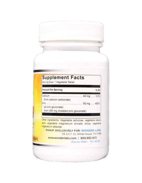 Gluconato de Zinc Quelado 50 mg Wonder Laboratories - 100 Tabletas Vegetarianas