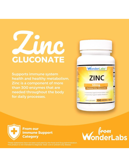 Gluconato de Zinc Quelado 50 mg Wonder Laboratories - 100 Tabletas Vegetarianas