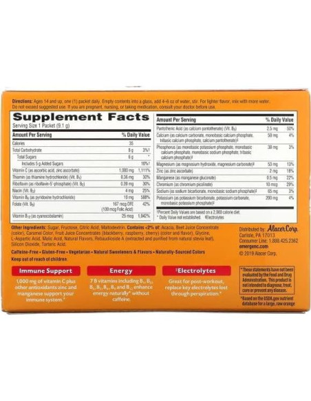 Bebida Efervescente Vitamina C Alacer Frambuesa 1000mg 30 Paquetes