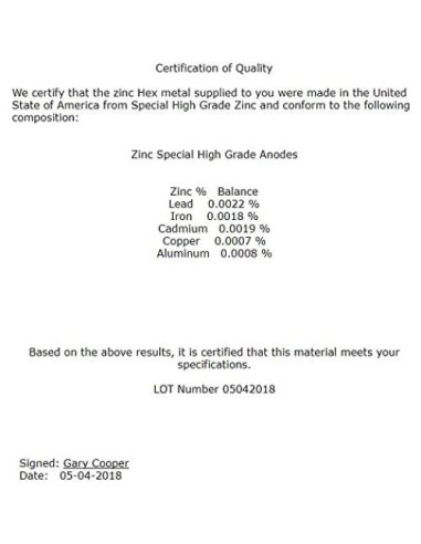 Zinc Puro 99.99% 100 Gramos en 4 Piezas para Coleccionistas