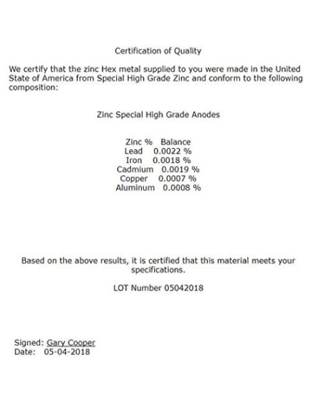 Zinc Puro 99.99% 100 Gramos en 4 Piezas para Coleccionistas