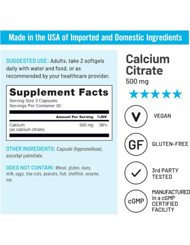 Citrato de Calcio 500mg NatureWise - Suplemento Vegano 90 Cápsulas