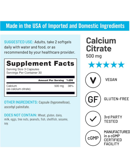 Citrato de Calcio 500mg NatureWise - Suplemento Vegano 90 Cápsulas