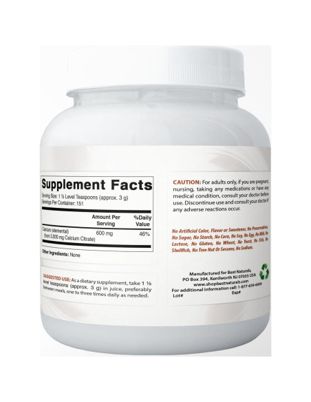 Citrato de Calcio en Polvo Mejores Naturales 600 mg 0.45 kg