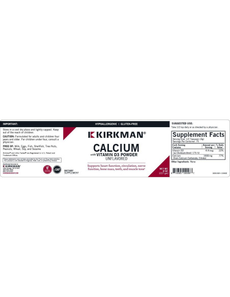 Suplemento de Calcio en Polvo Kirkman 226.8 g con Vitamina D3