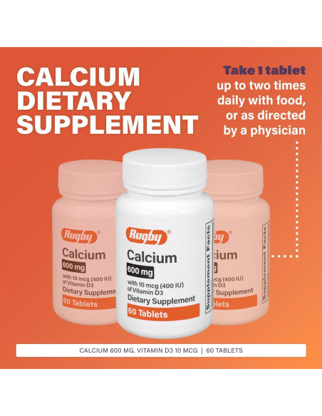 Tabletas de Calcio Rugby 600mg con Vitamina D3 10mcg - 60 Unidades
