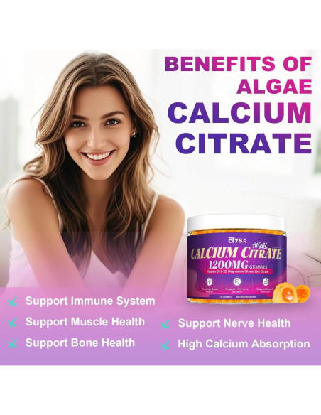Citrato de Calcio 1200mg Elysx con Vitamina D3 y K2, 60 Gomas