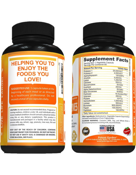 Enzimas Digestivas Potent Garden - 60 Cápsulas de 18 Enzimas Naturales