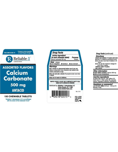 Carbonato de Calcio Reliable 1 500 mg 150 Tabletas