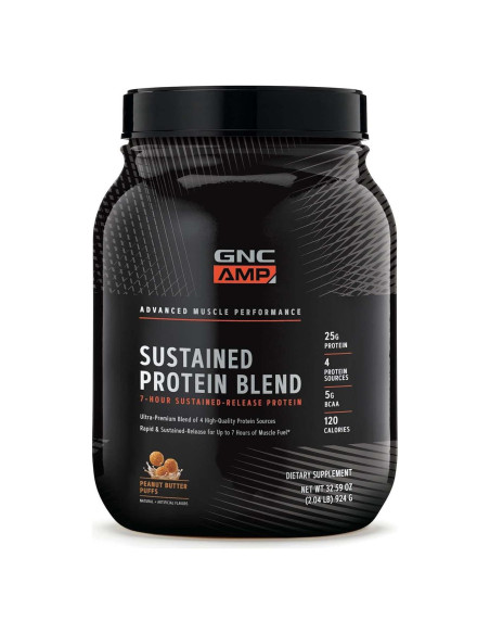 GNC AMP Proteína Sostenida Puff Mantequilla Maní 28 Porciones