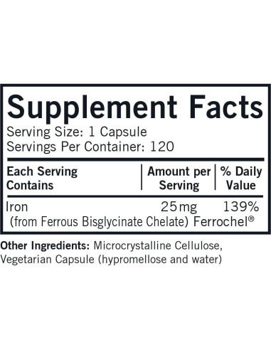 Cápsulas de Hierro 25 mg Kirkman - Hipoalergénico - 120 unidades