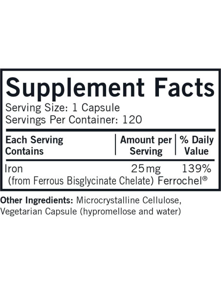 Cápsulas de Hierro 25 mg Kirkman - Hipoalergénico - 120 unidades