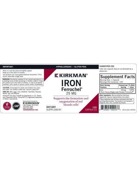 Cápsulas de Hierro 25 mg Kirkman - Hipoalergénico - 120 unidades