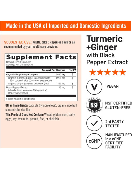 Suplemento de Cúrcuma Orgánica + Jengibre NatureWise 2400mg