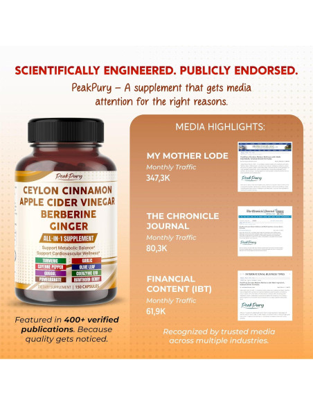 Suplemento Metabólico PeakPury Canela de Ceilán 150 Cápsulas