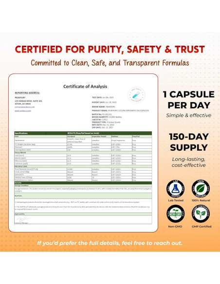 Suplemento Metabólico PeakPury Canela de Ceilán 150 Cápsulas