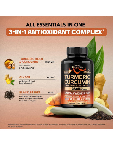 Suplemento de Cúrcuma y Curcumina 2365 mg Nutra Harmony - 120 Cápsulas